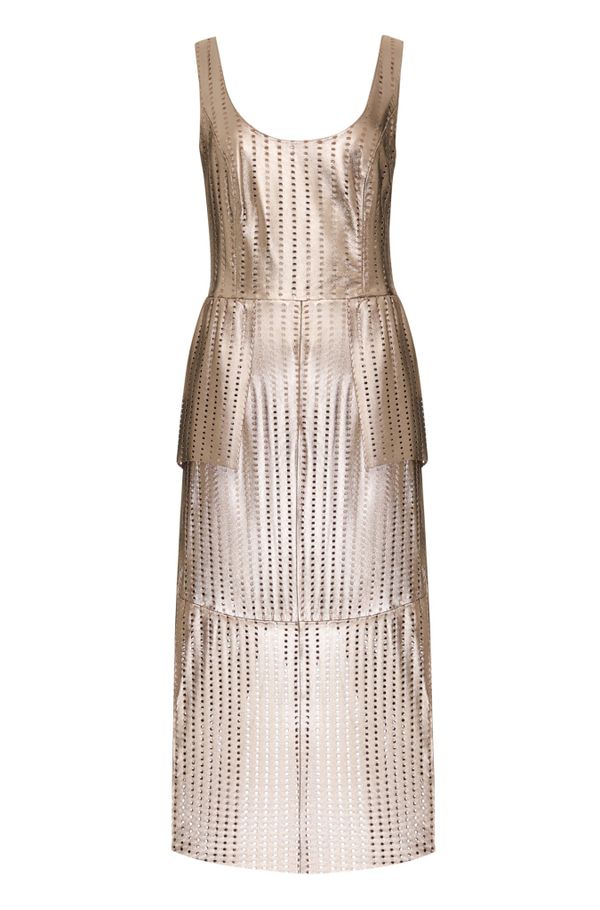Foto do produto VESTIDO CAROLA PEPLUM PERFUROS COURO METALIZADO