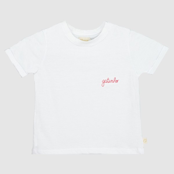 Camiseta Infantil Branca Com Bordado “gatinho”