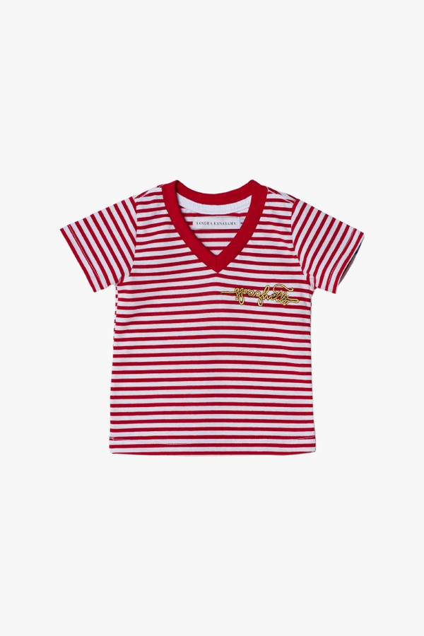Camiseta infantil algodão bordado spaghetti Duda listras vermelhas e brancas 