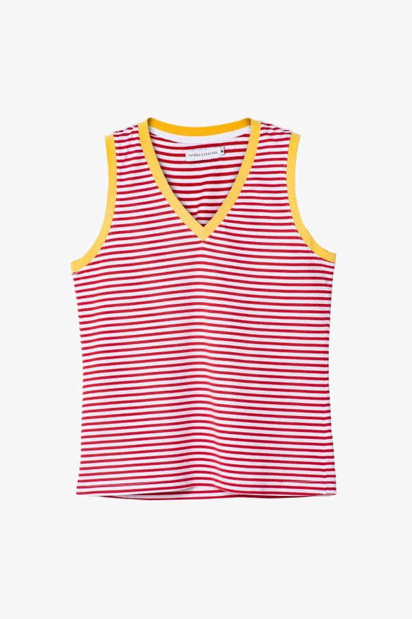Camiseta regata algodão Carla listras vermelhas e brancas