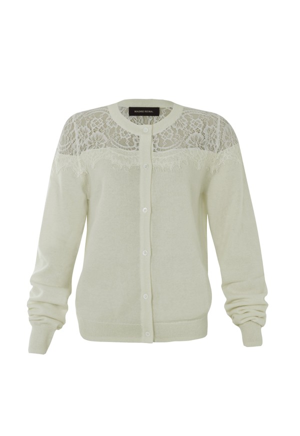 CARDIGAN CASHMERE C/APLICACOES EM RENDA OFF WHITE