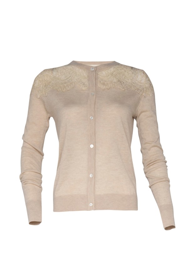 CARDIGAN CASHMERE C/APLICACOES EM RENDA BEGE