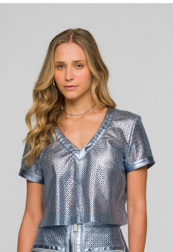 BLUSA AMORA MADRE REINA COURO AZUL METALIC