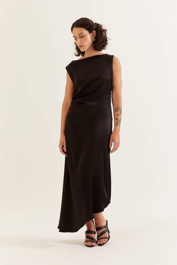 Sereia Ruched Cowl Neck Bodycon Mini Dress in Black