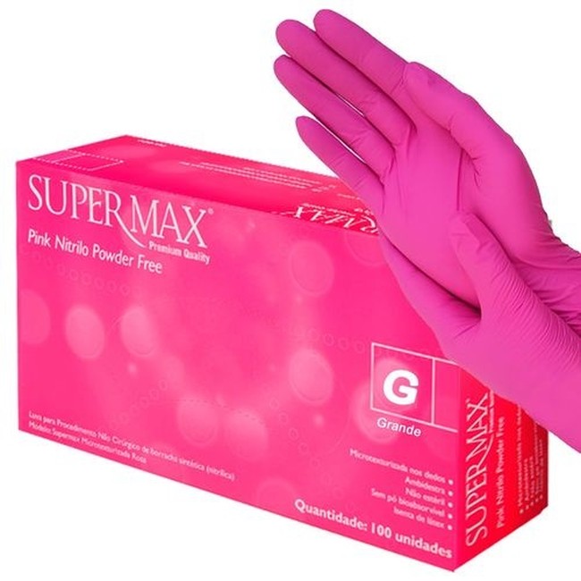 Luva Nitrílica Sem Pó Pink com 100 Un Supermax