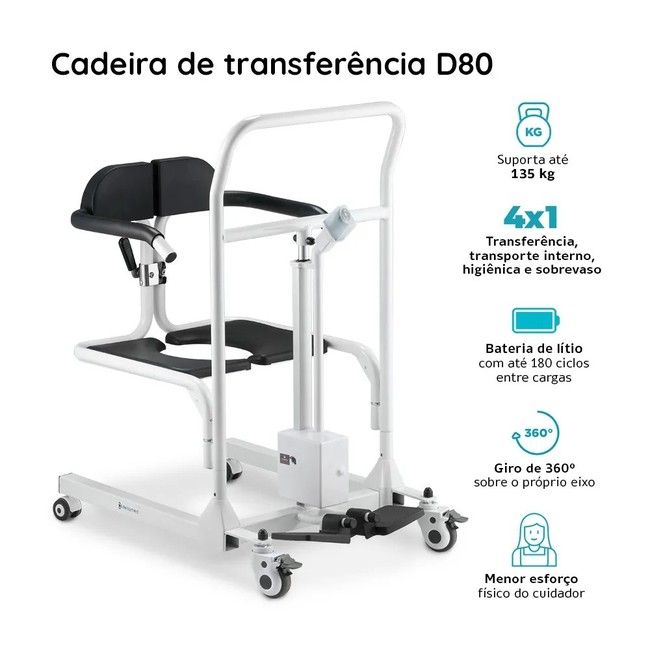 Cadeira de Transferência Multiuso com Elevação Eletrônica até 135 Kg Assento 48,5 cm D80 Dellamed
