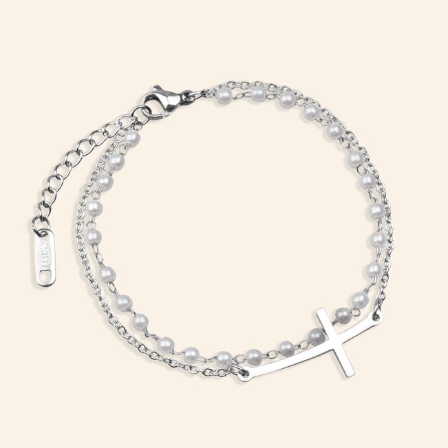 Pulseira  Dupla Cruz Pérola em Aço