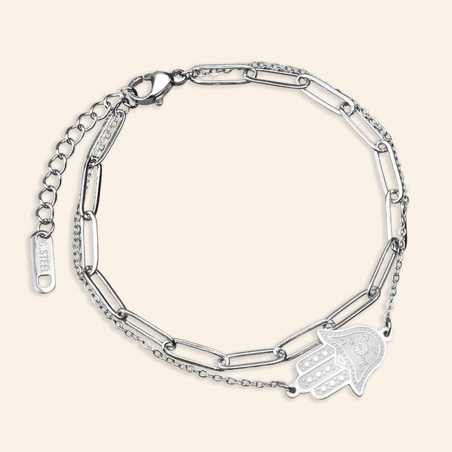 Pulseira Dupla Mão Hamsá em Aço Inoxidável