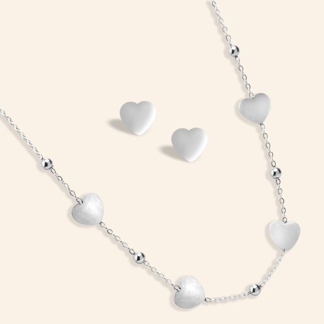 Conjunto Brinco e Colar Coração em Aço