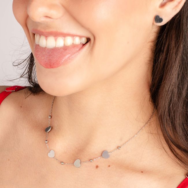 Conjunto Brinco e Colar Coração em Aço