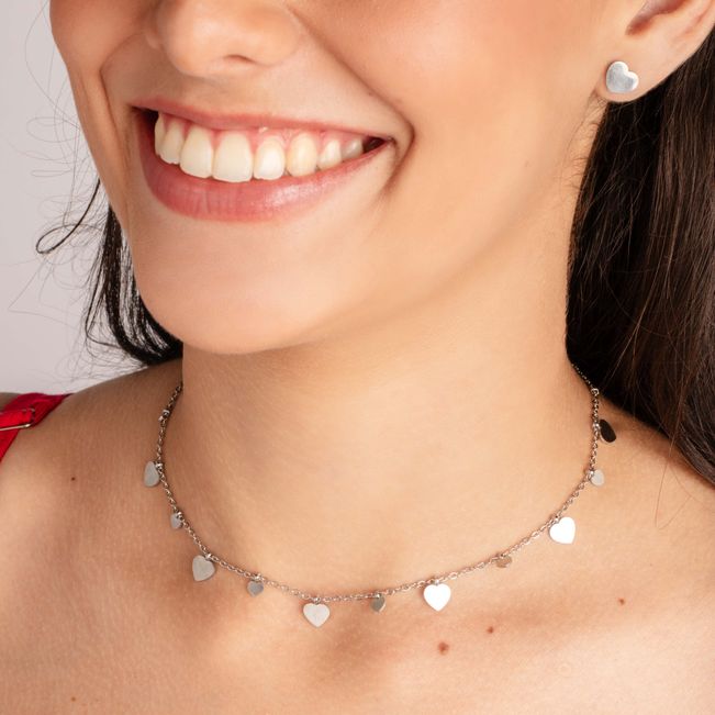 Conjunto Brinco e Colar Coração em Aço