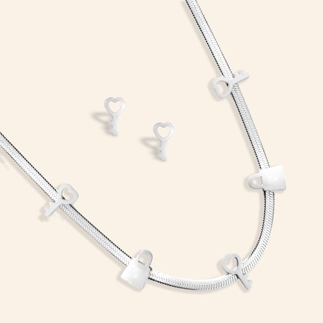 Conjunto Colar e Brinco Cadeado e Chave em Aço