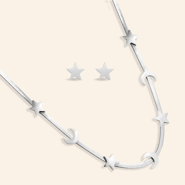 Conjunto Brinco e Colar Lua Estrelar em Aço