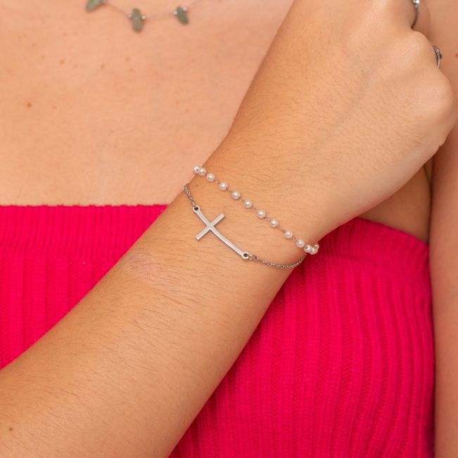 Pulseira  Dupla Cruz Pérola em Aço