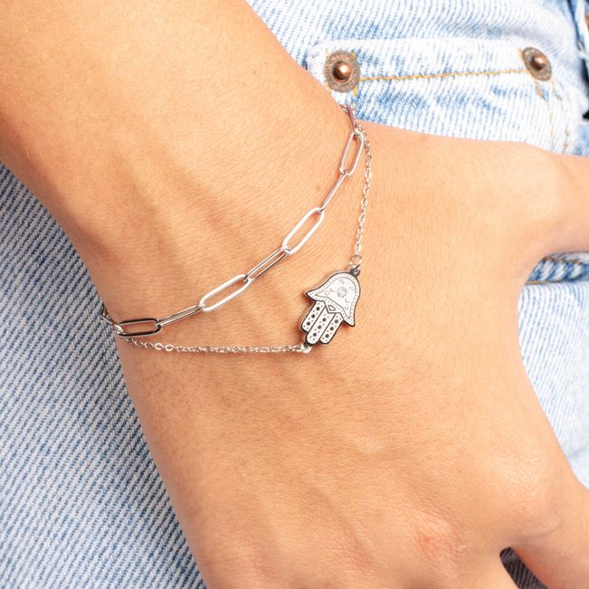 Pulseira Dupla Mão Hamsá em Aço Inoxidável
