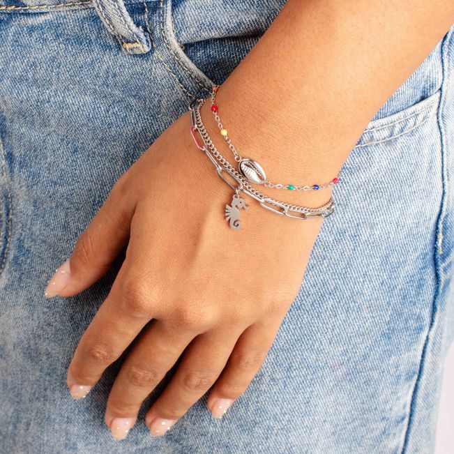 Pulseira Dupla Cavalo Marinho em Aço Inoxidável