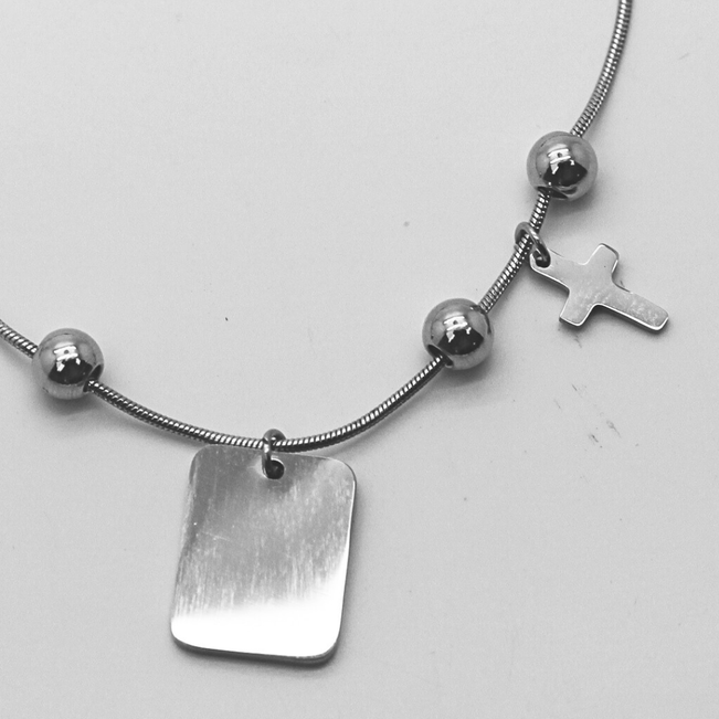 Pulseira Medalha e Cruz em Aço Inoxidável 