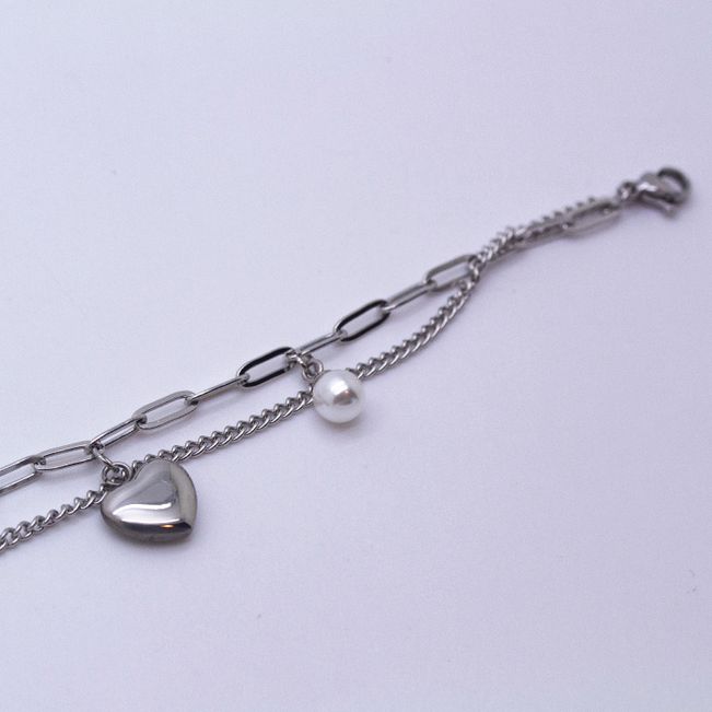 Pulseira Dupla Corrente Pérola em Aço