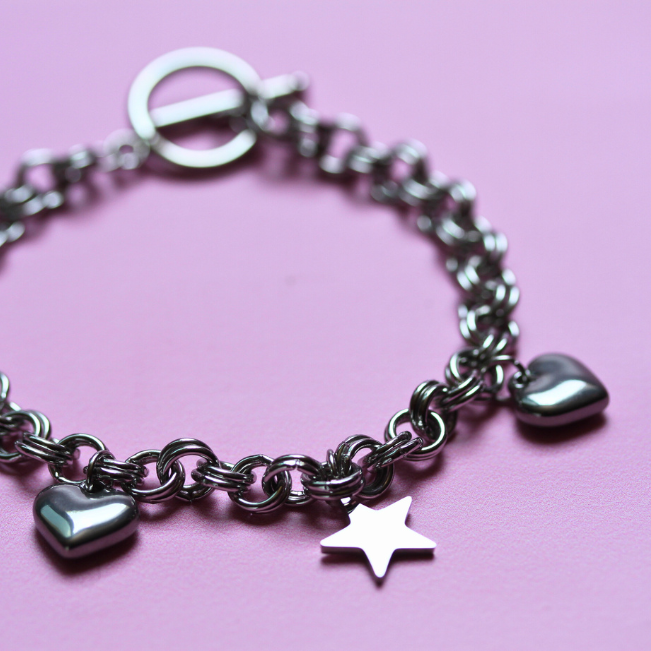 Pulseira Coração e Estrelas sem Fecho em Aço