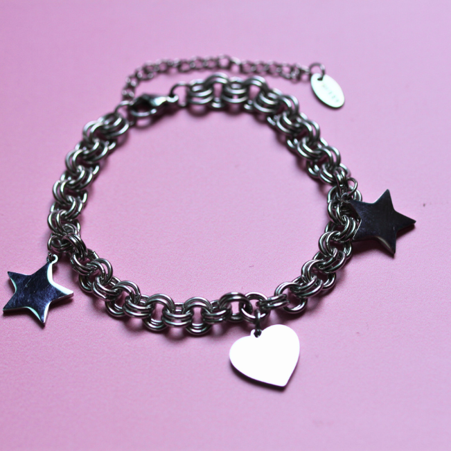 Pulseira de Corrente com Coração e Estrelas em Aço