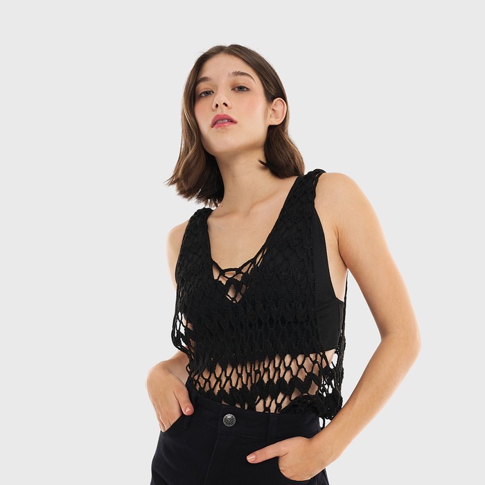 Blusa Feminina Regata Aragäna | Crochê Preto