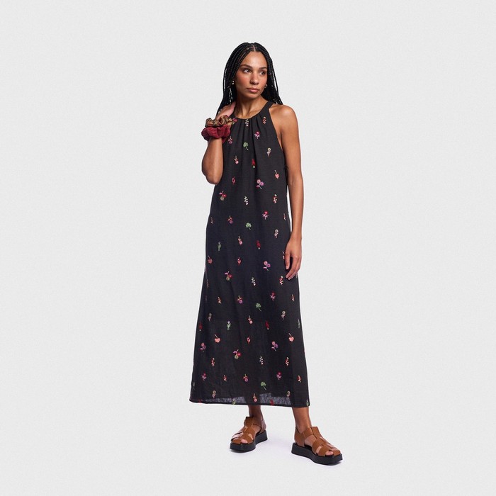 Vestido Feminino Midi Aragäna | Floral Bordado Preto