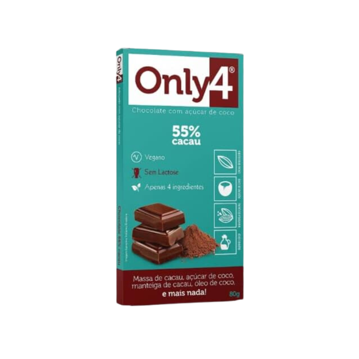 CHOCOLATE 55% CACAU VEGANO E SEM LACTOSE ONLY4 80G