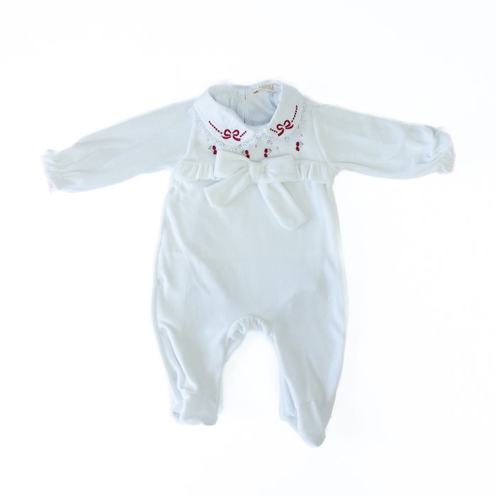 Macacão Bebê Menina Bordado Cereja Cherry em Plush 