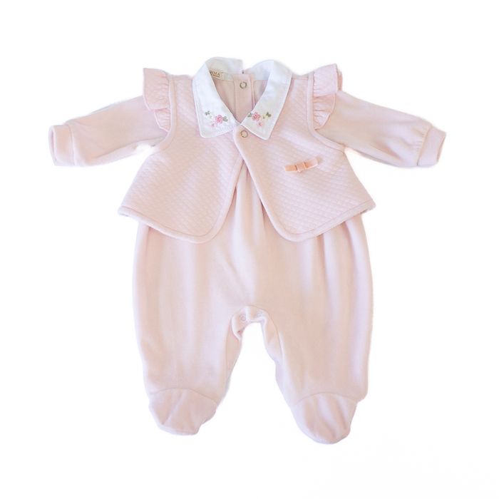 Conjunto Macacão Bebê Gola Bordada e Coletinho Rosa
