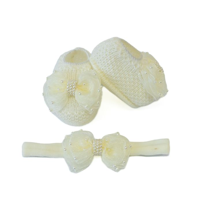 Kit Sapatinho Bebê e Faixa de Cabelo com Pérolas Delicadas