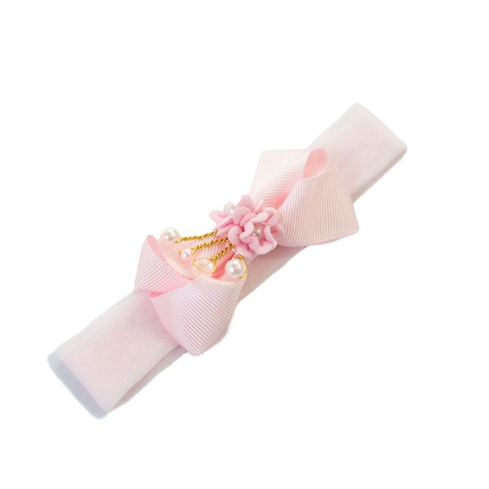 Faixa de Cabelo Bebê com Laço e Flor com Pérolas Laterais
