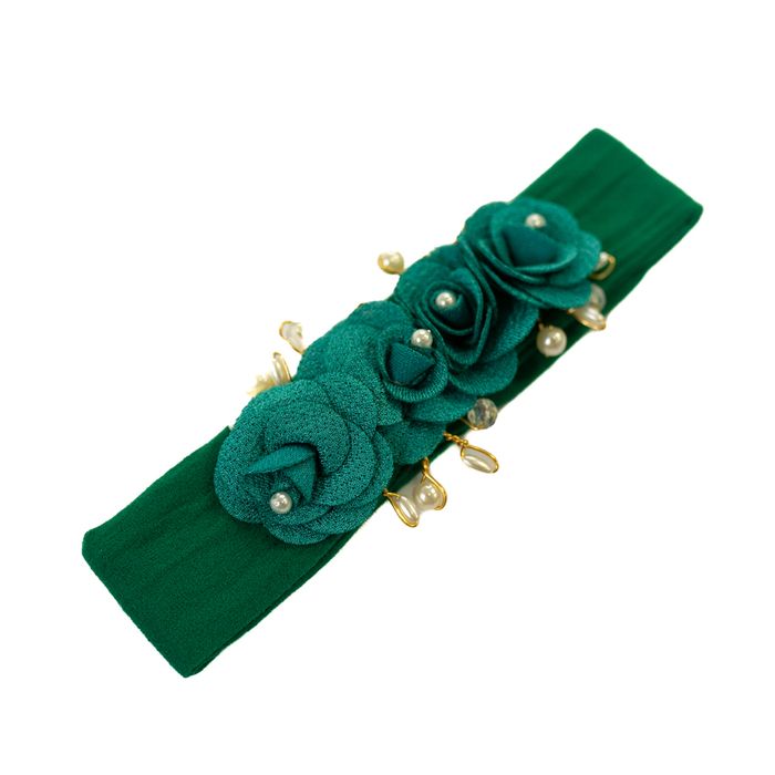 Faixa de Cabelo Bebê Menina Verde com Flores e Pérolas