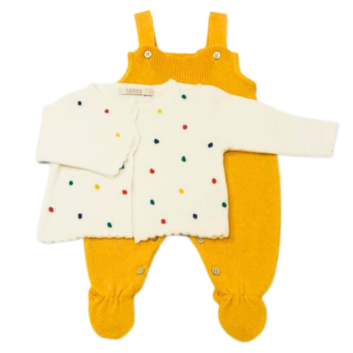 Conjunto Bebê em Tricô com Salopete e Casaquinho de Bolinhas