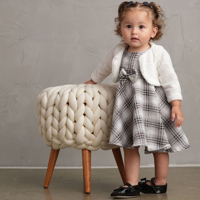 Vestido Infantil Xadrez e Casaquinho Bolero com Boina  