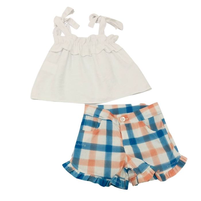 Conjunto Infantil Menina com Bata Branca E Shorts xadrez