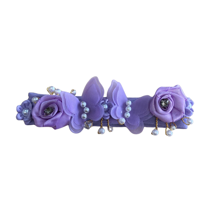 FAIXA DE CABELO BORBOLETA FLORES DE CETIM E PÉROLAS