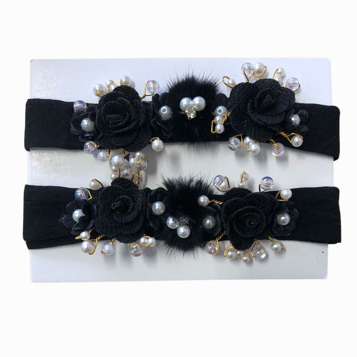 Faixa de Cabelo Bebê  Preta Flores com Pérolas