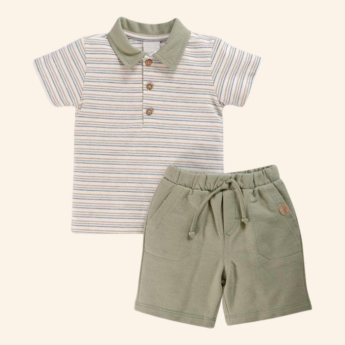 CONJUNTO BEBÊ MENINO CAMISETA POLO LISTRADA E BERMUDA