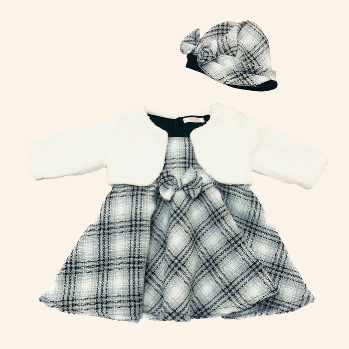 VESTIDO INFANTIL  XADREZ E CASAQUINHO  BOLERO COM BOINA 