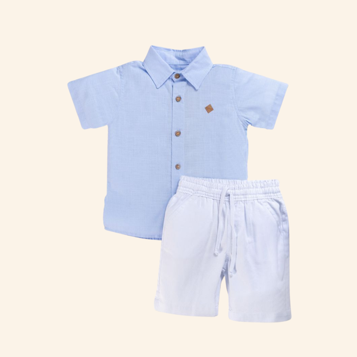 CONJUNTO CURTO INFANTIL MENINO AZUL E BERMUDA BRANCA