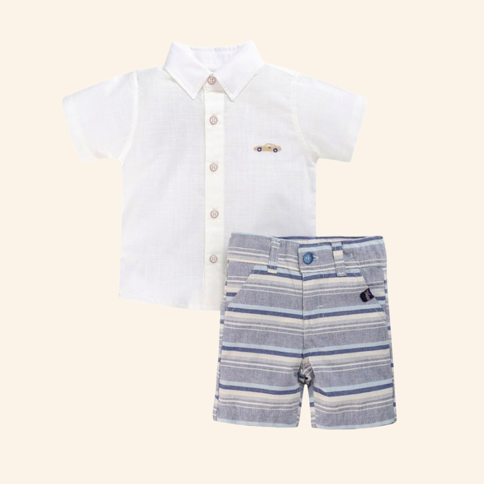 CONJUNTO INFANTIL MENINO  BERMUDA LISTRADA E CAMISA