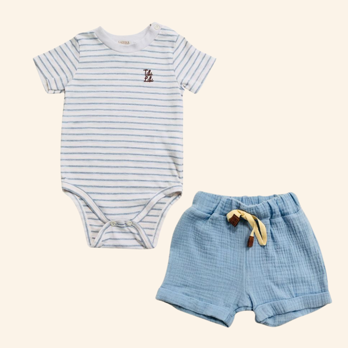 CONJUNTO CURTO BEBÊ MENINO BODY  LISTRADO E BERMUDA