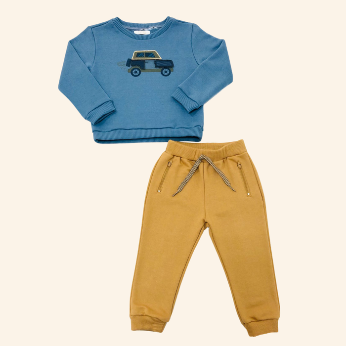 CONJUNTO INFANTIL MENINO COM BLUSA MOLETOM CARRINHO E CALÇA