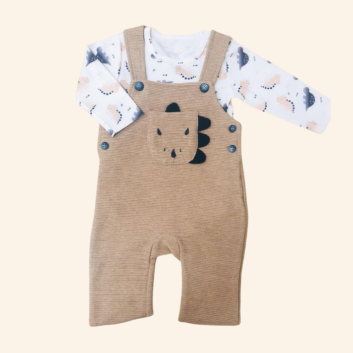 CONJUNTO JARDINEIRA LONGA E BODY BEBÊ MENINO DINOSSAURINHO