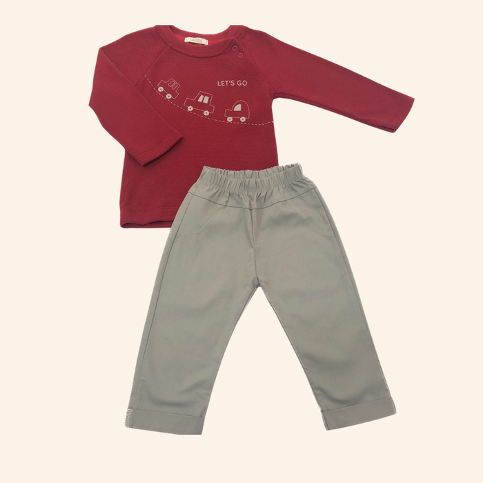 CONJUNTO INFANTIL MENINO COM BLUSA CARRINHOS E CALÇA CINZA