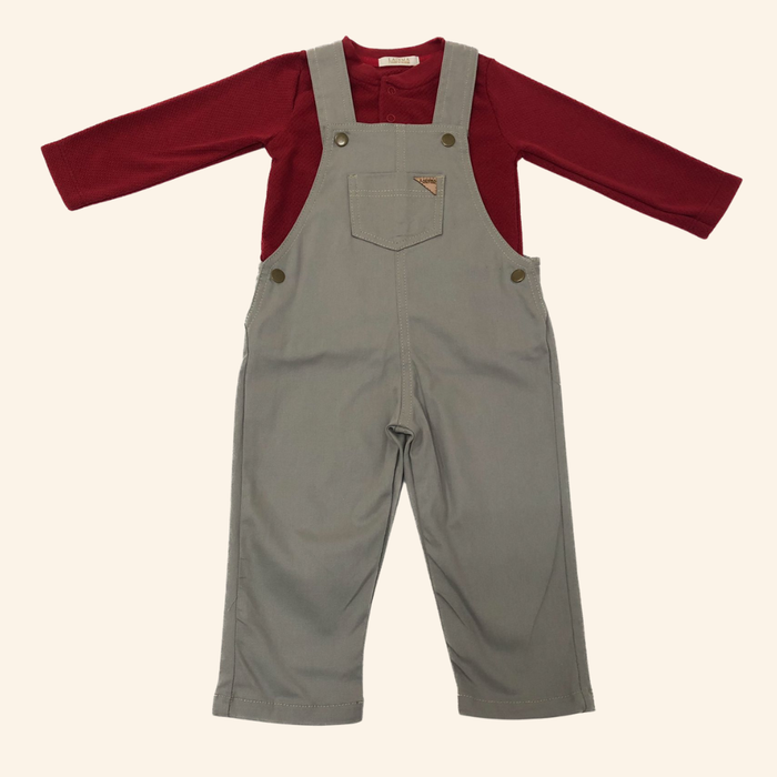 CONJUNTO INFANTIL MENINO COM JARDINEIRA CINZA E BLUSA