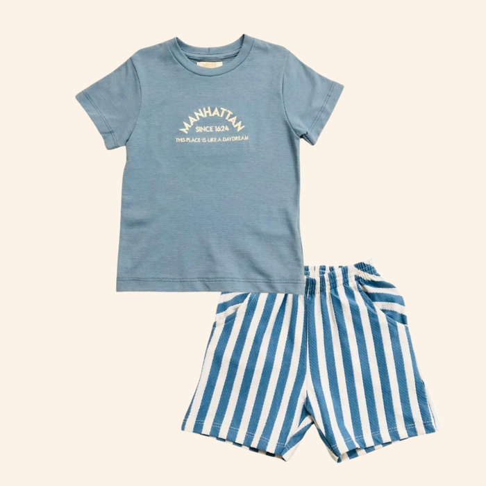 CONJUNTO INFANTIL MENINO CAMISETA E BERMUDA LISTRADA
