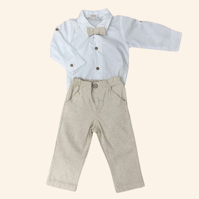 CONJUNTO BEBÊ MENINO BODY MANGA LONGA E CALÇA EM LINHO BATIZADO