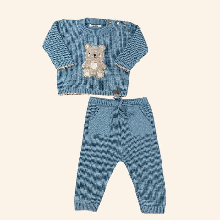 CONJUNTO BEBÊ MENINO  BLUSA E CALÇA EM TRICÔ URSINHO AZUL