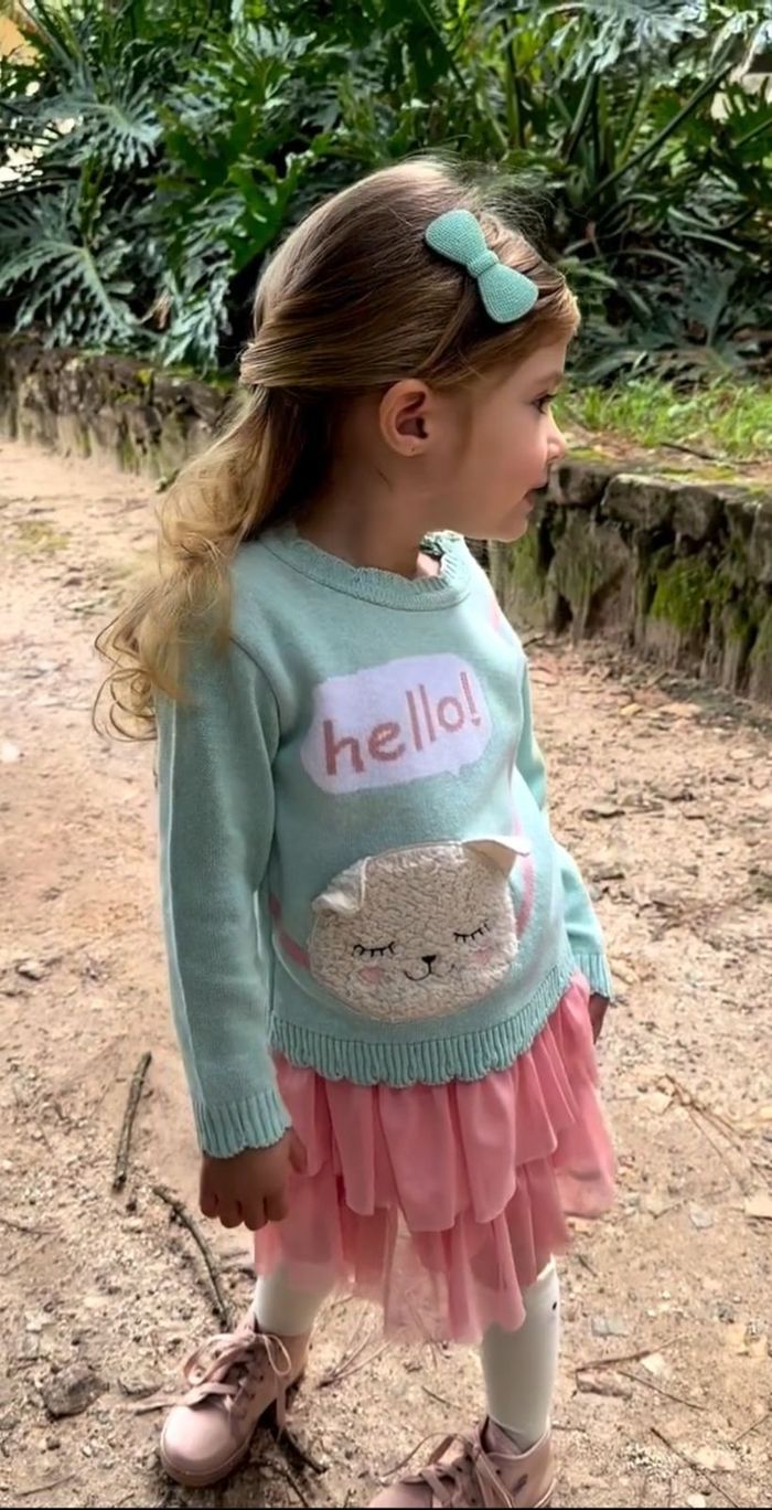 Suéter Infantil Tricô Estampa Gatinho